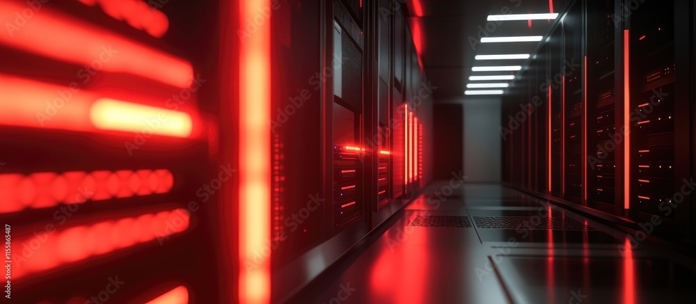 Poster close up of illuminated server racks in a modern server room showcasing technology infrastructure wi