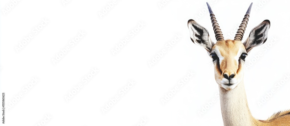 Poster close up of a solitary gazelle against a white background with ample space for adding text or graphi
