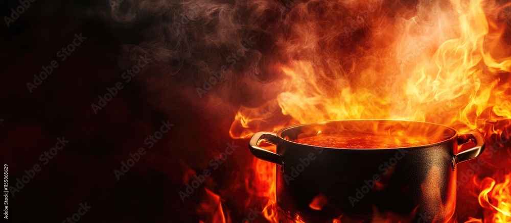 Poster close up of a simmering soup pot surrounded by flames with empty space for customizable text or bran