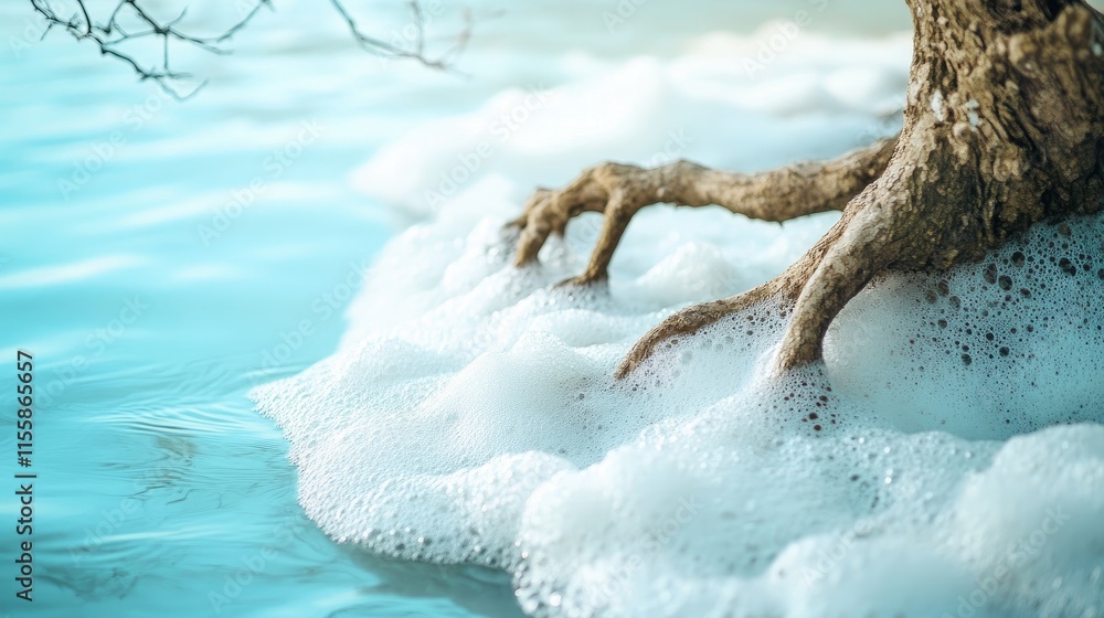 Poster foam on water surface near tree roots with gentle waves creating a serene natural landscape and ampl