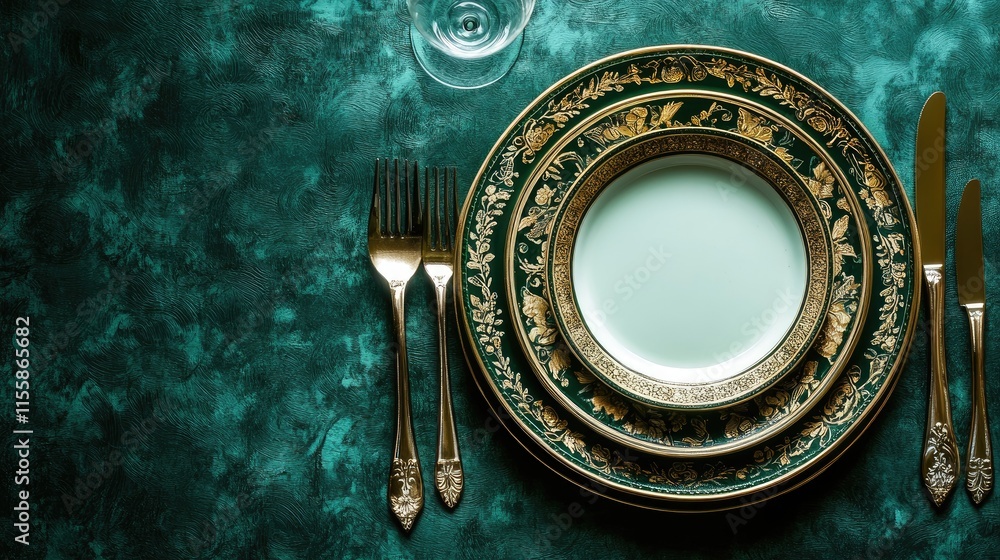 Poster elegant food-themed table setting showcasing intricate gold and emerald tableware with copy space fo