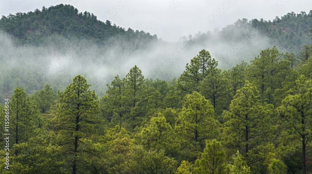 Poster foggy pine trees in a dense forest landscape with rolling hills creating a serene atmosphere and amp