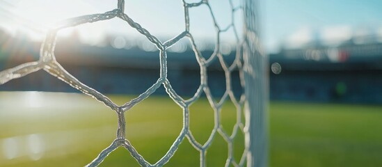 Close up of a soccer goal net with a blurred background featuring a soccer field and ample space for promotional text or advertisements
