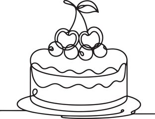 Simple Cake and Cherry Line Illustration – Minimalist Art on White