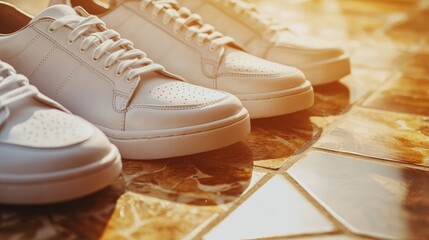 Stylish white sneakers displayed on a sunlit urban floor with ample copy space for promotional text and advertisements