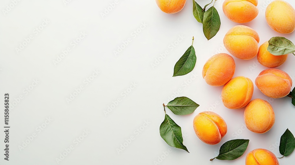 Poster fresh apricots with green leaves arranged on a white background providing empty space for text and d