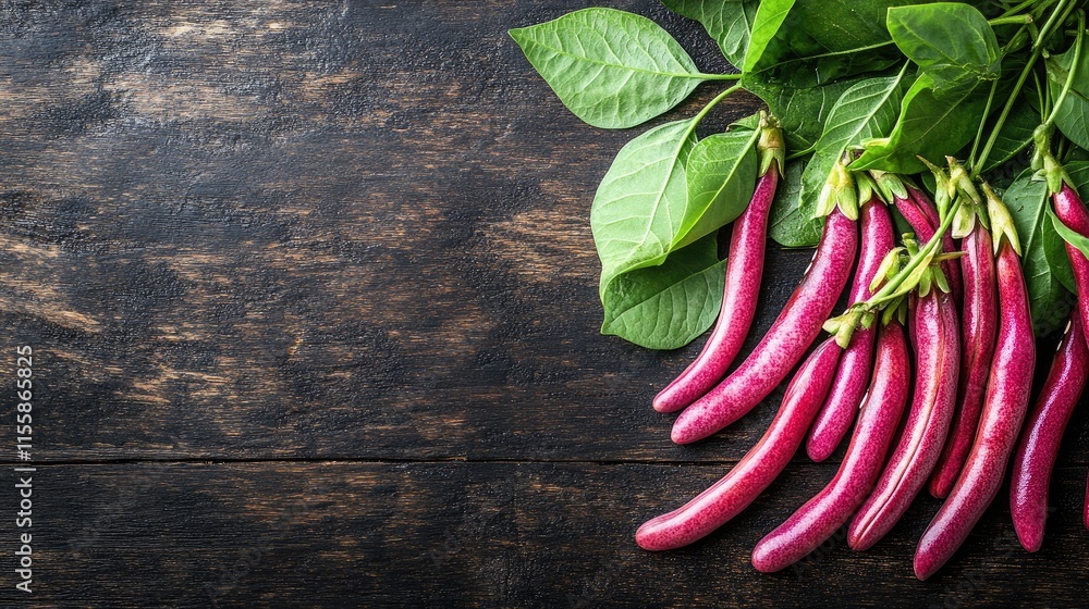 Poster fresh borlotti beans with green leaves arranged on a rustic wooden table showcasing vibrant colors a