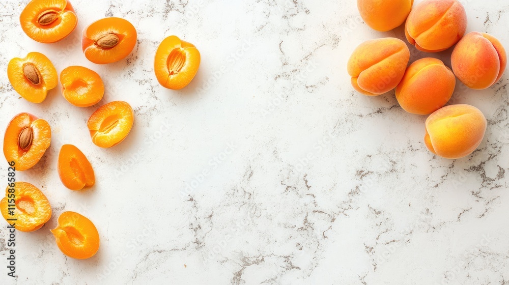 Poster fresh apricot jam with sliced apricots on marble background with empty space for text ideal for food