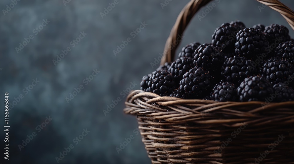 Poster fresh blackberries in a woven basket with a textured background and ample negative space for customi