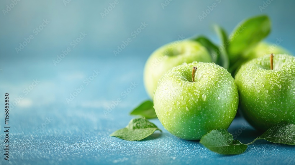 Poster fresh green apples with dew droplets arranged on a blue background creating a vibrant and refreshing