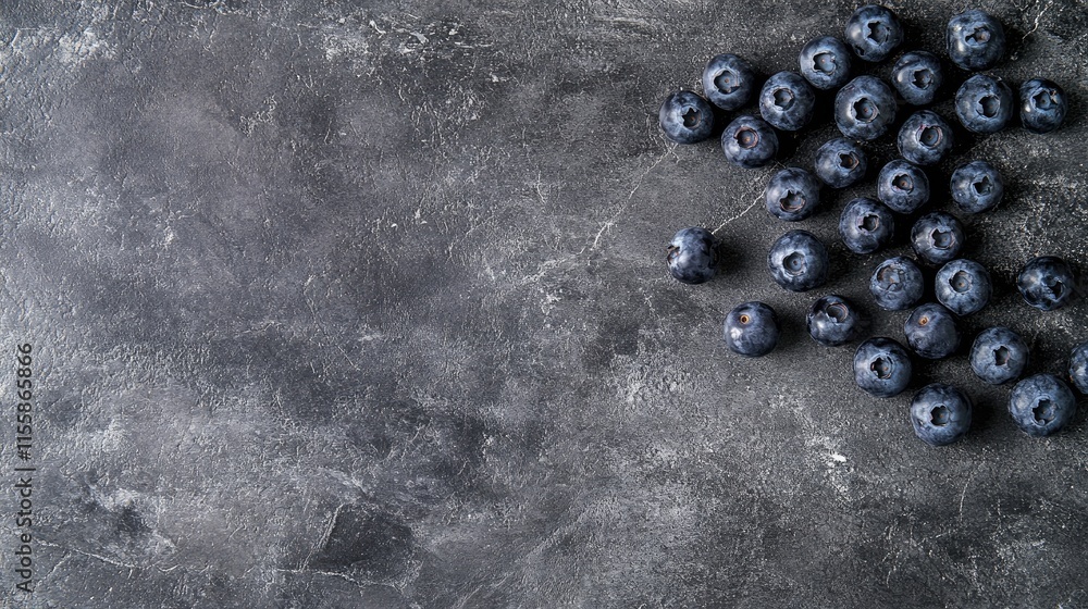 Poster fresh blueberries arranged on a textured dark surface with ample empty space for creative text or ad
