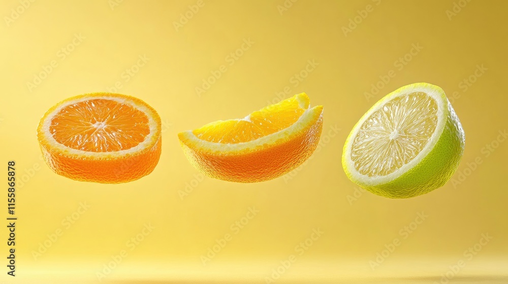 Poster vibrant floating citrus fruit slices on a yellow background showcasing orange tangerine and green le