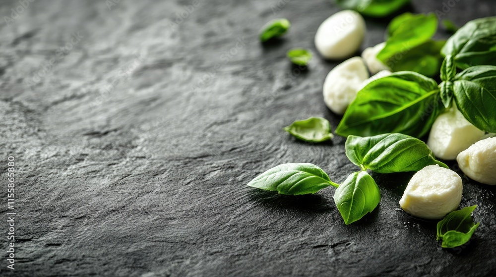 Poster fresh basil and mozzarella arranged on a textured surface with ample empty space for creative culina