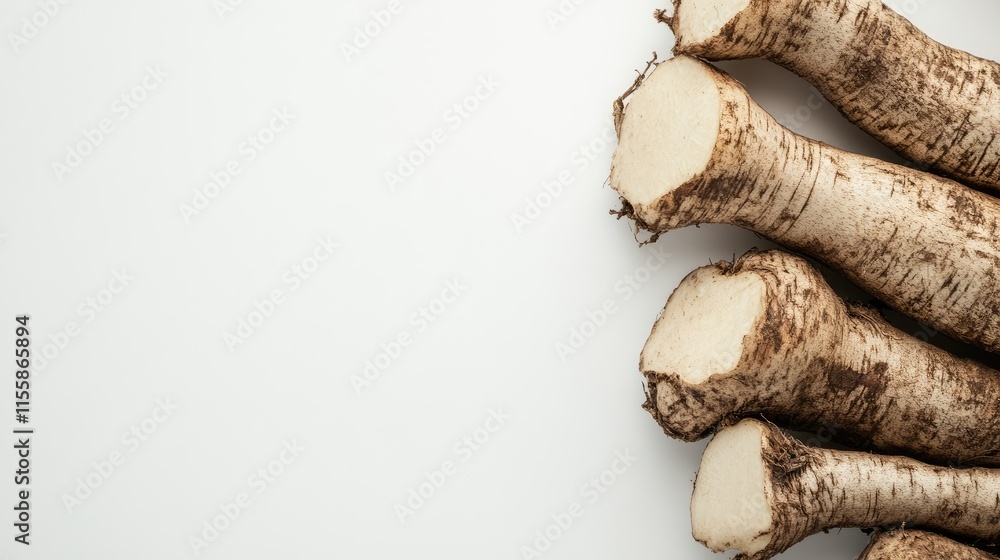 Poster fresh cassava tubers with rough skin on white background highlighting cultivated manioc and providin