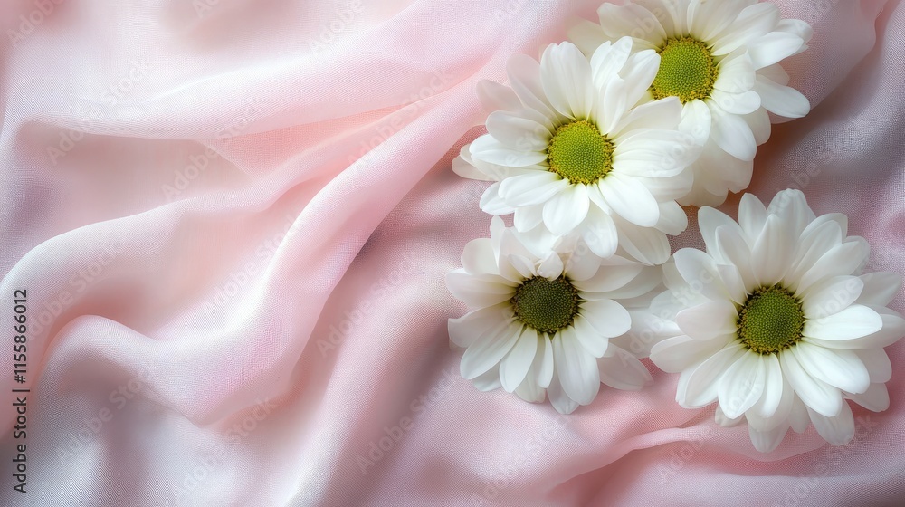 Poster fresh white daisies on soft pink fabric creating a serene floral background with empty space for per