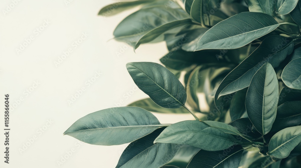 Poster lush green leaves on a tree branch with soft natural light creating an inviting space for text or br