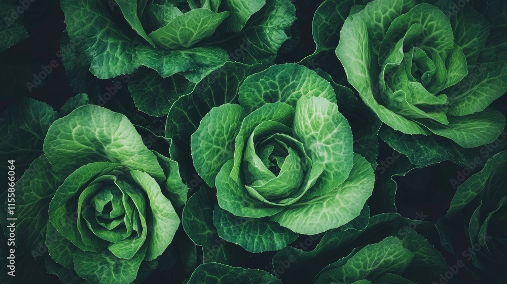 Poster fresh green lettuce leaves in a vibrant close up with ample blank space for text and design elements