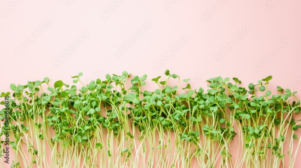 Poster fresh green microgreens arranged on a pastel pink background with ample empty space for text or grap