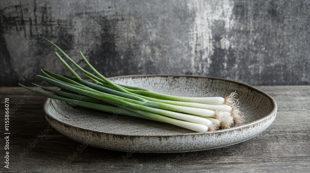 Poster fresh green onions arranged on a rustic plate with textured background and ample copy space for crea