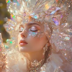 Enchantress with sparkling crystals, mystical lighting, detailed textures, soft color palette