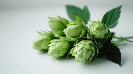 Fresh green hop cones arranged elegantly with leaves showcasing natural beauty and ample space for text or branding purposes