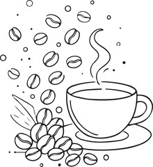 Coffee Beans Scattered by a Cup Elegant One Line Drawing for Minimalist Art Lovers