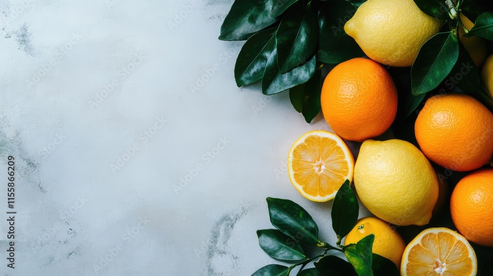 Poster close up of fresh lemons and oranges on a tree surrounded by vibrant green leaves with space for tex
