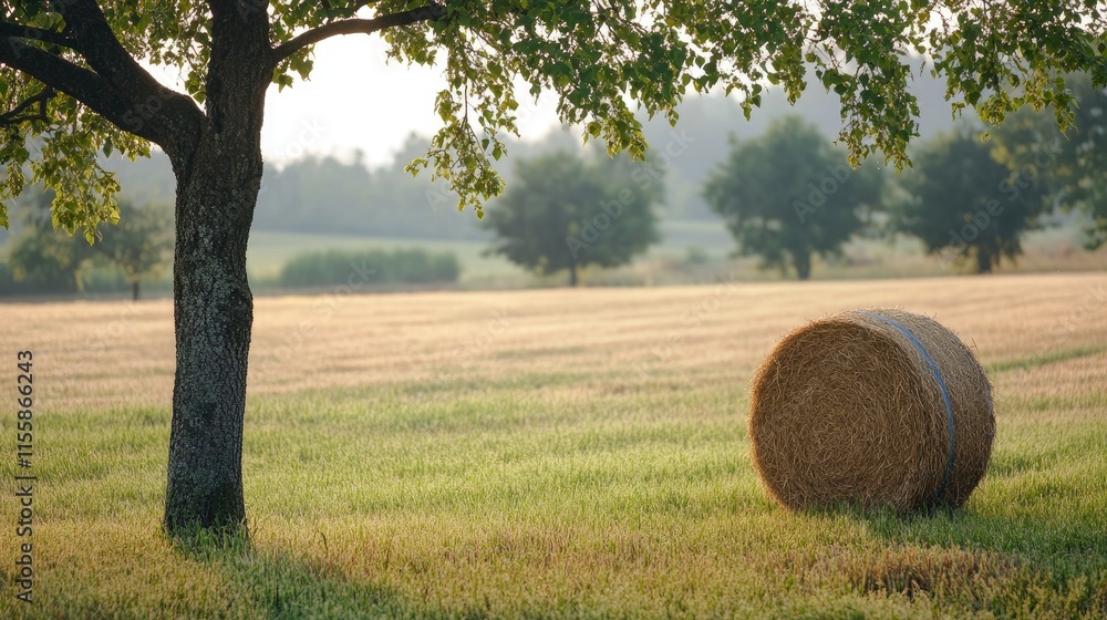 Poster fresh summer pasture field with hay bales and bokeh effect from nearby trees, featuring empty space 