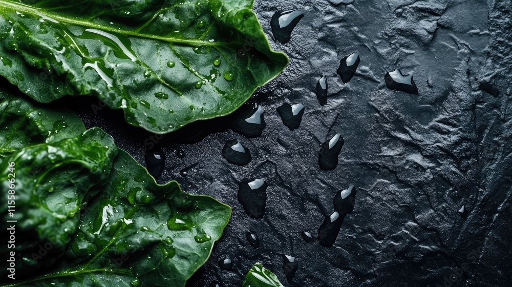 Poster fresh green lettuce with water droplets on dark textured background empty space for text or design e