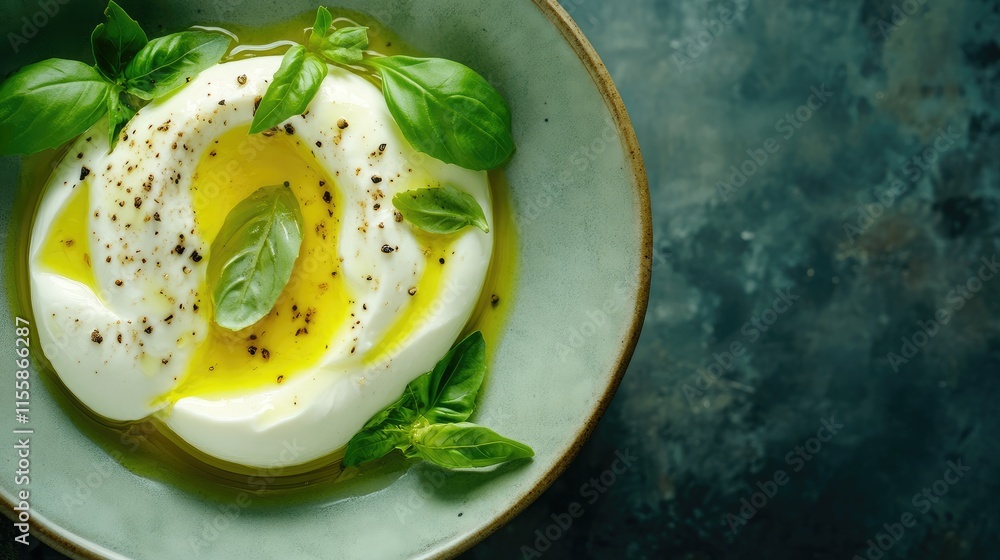 Poster fresh mozzarella drizzled with olive oil and garnished with basil on a textured plate with empty cop