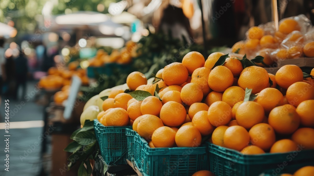 Poster fresh oranges stacked at a marketplace with vibrant colors and empty space for text ideal for promot