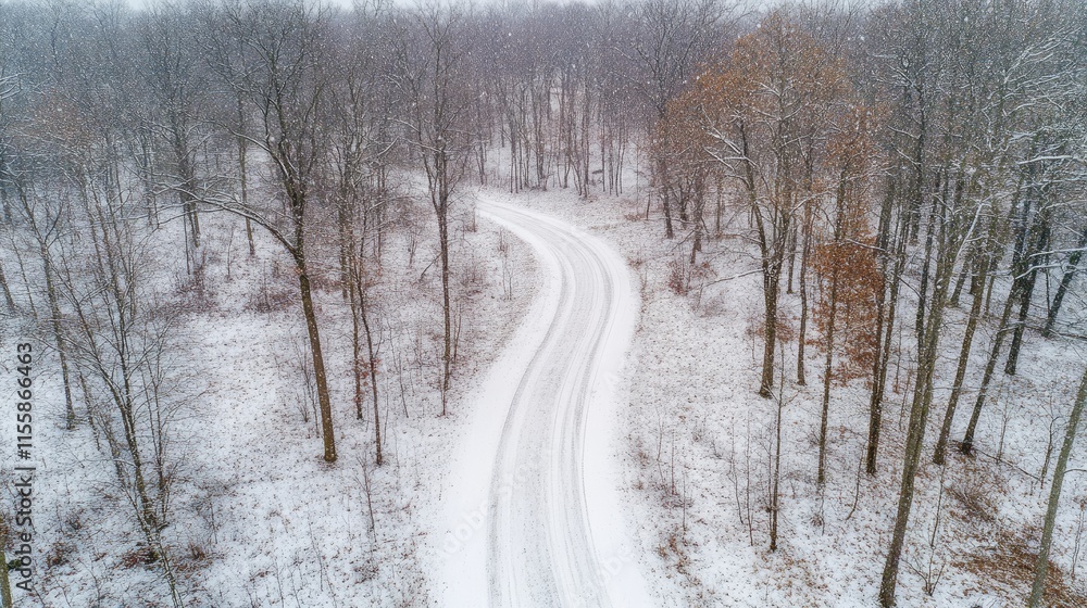 Poster aerial view of a snow-covered winding road through a peaceful winter forest with empty space for add