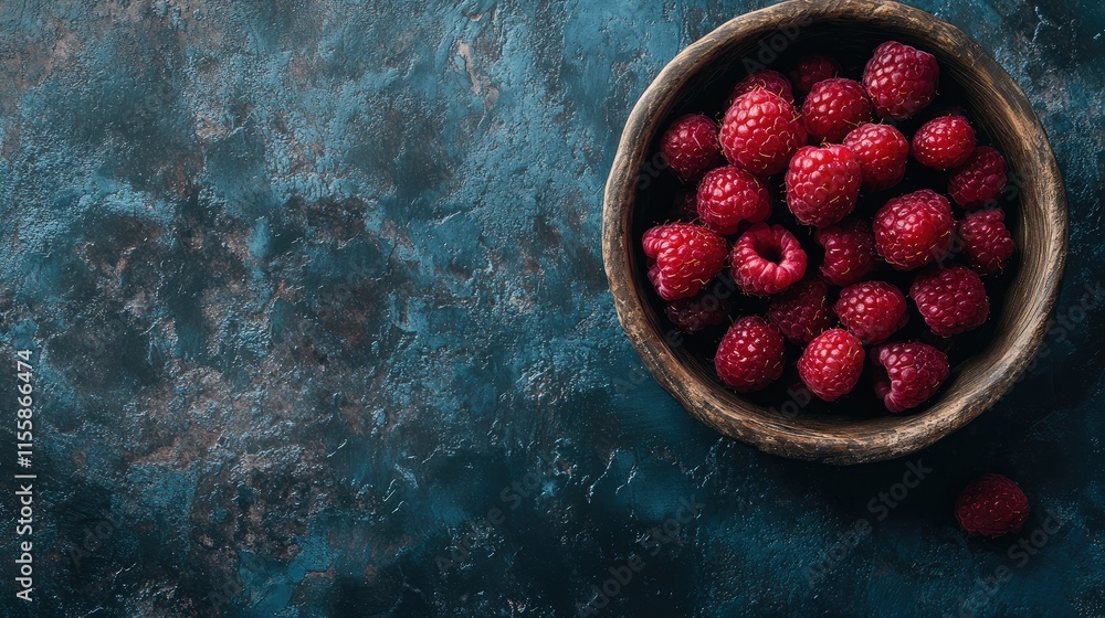 Aufkleber fresh raspberries in a rustic bowl on a textured surface with ample empty space for cropping or addi