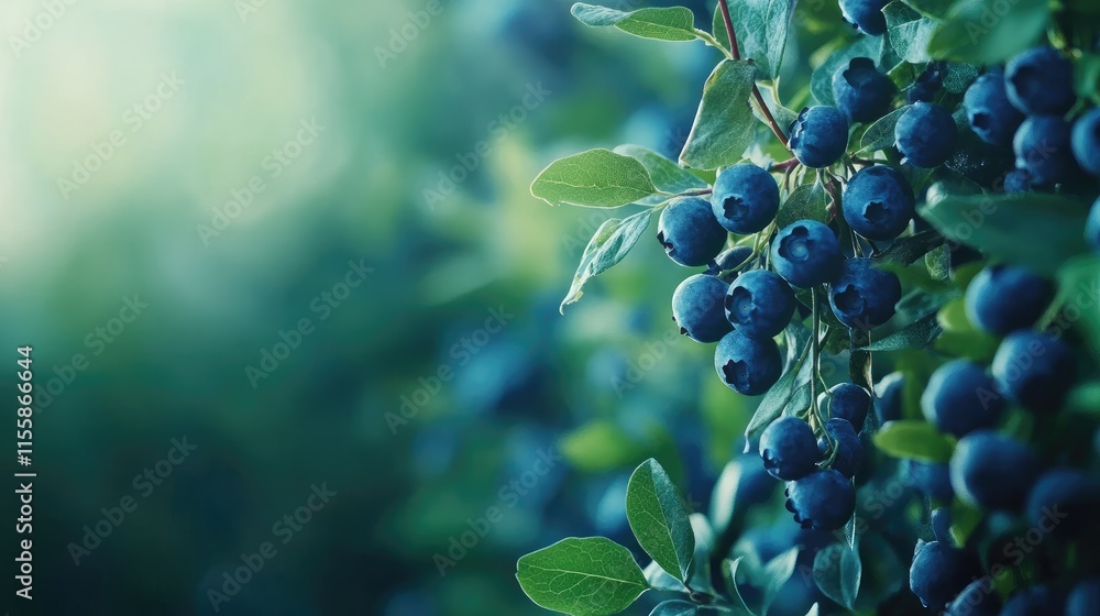 Poster fresh ripe blueberries on branches in summer sunlight with green foliage and soft focus background f