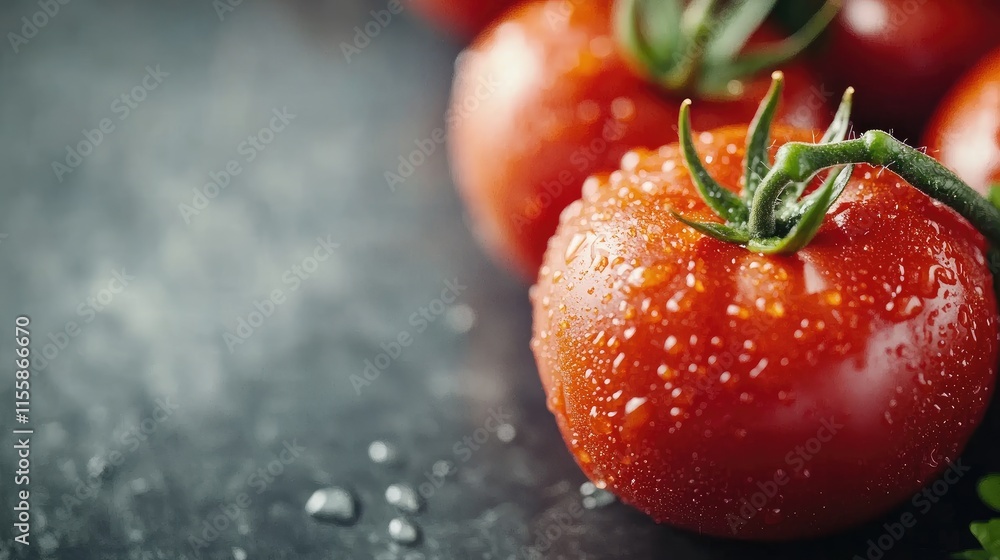 Aufkleber fresh red tomatoes with water droplets on a dark slate background and ample copy space for text or a