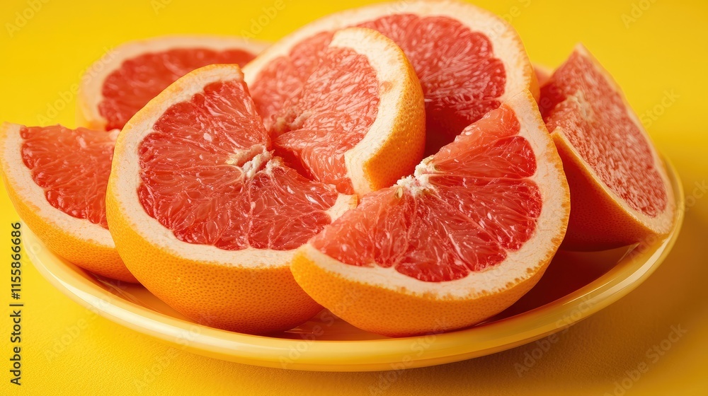Poster fresh ripe grapefruit slices on a yellow plate with vibrant yellow background showcasing juicy textu