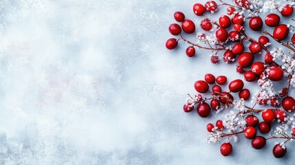 Vibrant fresh cranberries arranged on a snowy background with ample empty space for text or seasonal promotions