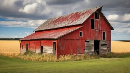 Obraz premium An old barn sits at the edge of a cornfield, its red paint weathered by years of sun and rain