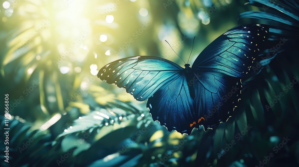 Poster vibrant blue butterfly perched in lush tropical jungle with soft sunlight creating an enchanting atm