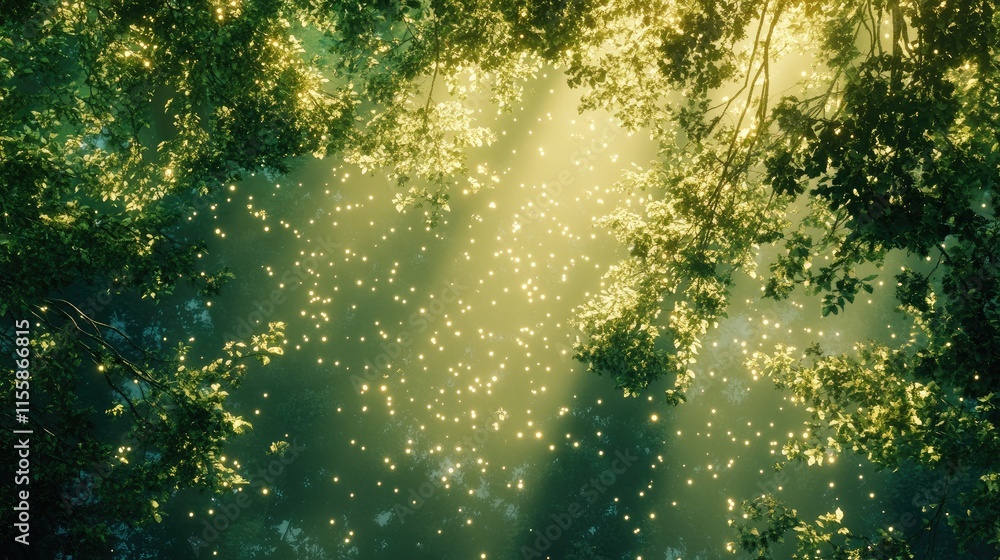 Poster aerial view of young trees in a serene glowing forest atmosphere with soft light and ample copyspace