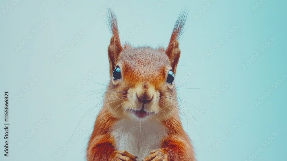 Poster close up portrait of a playful red squirrel against a soft blue background with empty space for text