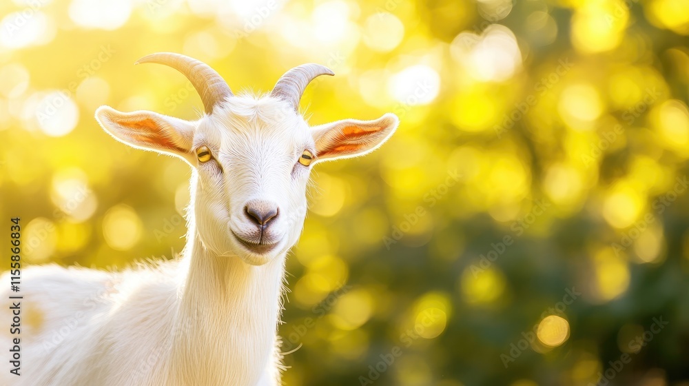 Poster close up portrait of a white goat in a sunlit farm setting with blur background and ample space for 