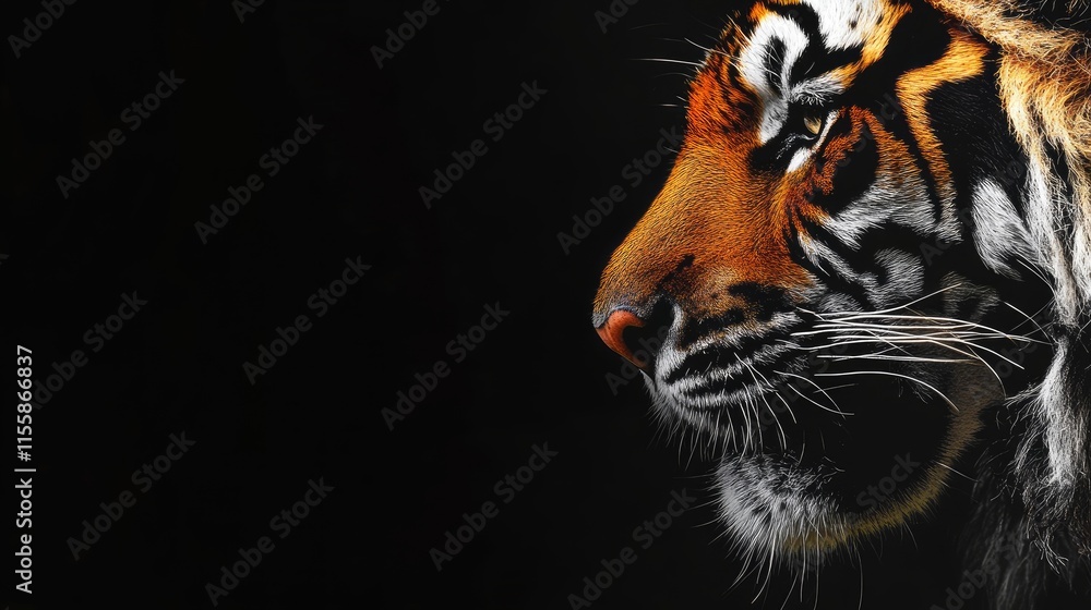 Poster majestic tiger close-up portrait with dark background and ample empty space for text or branding app