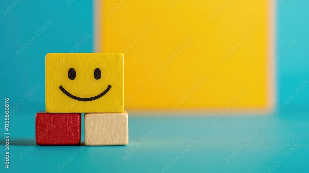 Poster colorful wooden block smiley face on a vibrant background with ample copy space for your text or des