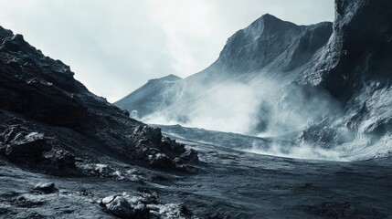 Fototapeta premium Dramatic close-up of a volcano with ash and steam rising against a misty backdrop ideal for text overlay or promotional use