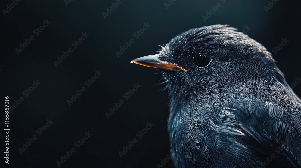Poster Elegant close up portrait of a refined bird showcasing intricate details with a dark background and ample space for text messaging or branding