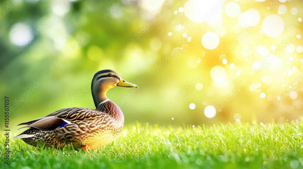 Poster close up of female mallard duck resting on grass with vibrant bokeh background highlighting detailed