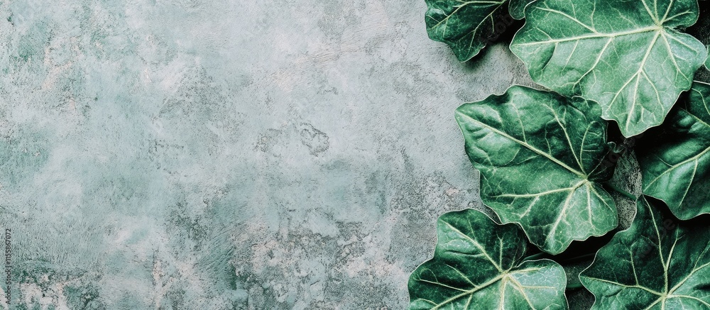 Poster close up texture of vibrant green leaves on a textured surface with empty space for customization an