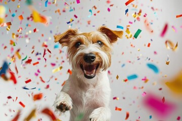 A jubilant Wire Fox Terrier celebrating 2025. Featuring vibrant party confetti and streamers