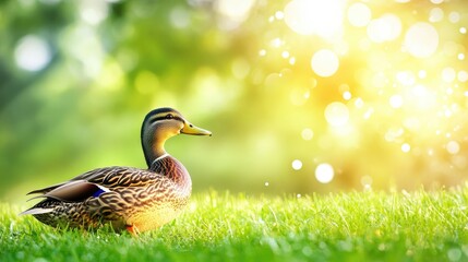 Close up of female mallard duck resting on grass with vibrant bokeh background highlighting detailed feathers and beak suitable for text overlay.
